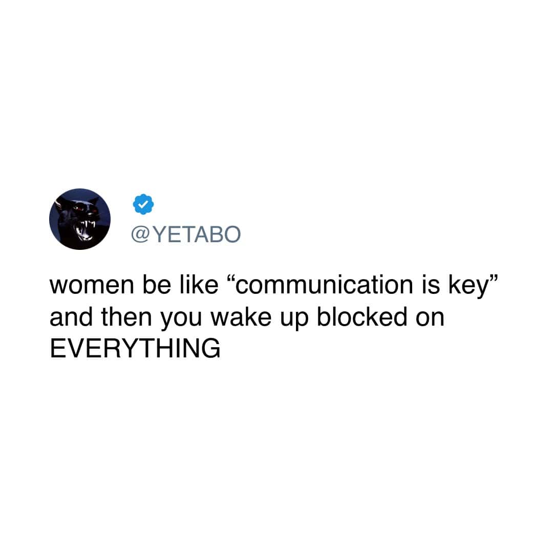 women be like "communication is key" and then you wake up blocked on EVERYTHING