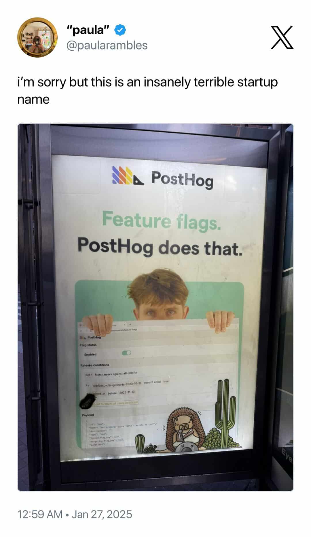 "paula" @paularambles i'm sorry but this is an insanely terrible startup name • PostHog Feature flags. PostHog does that. Set 1 Match users against all criteria 12:59 AM • Jan 27, 2025