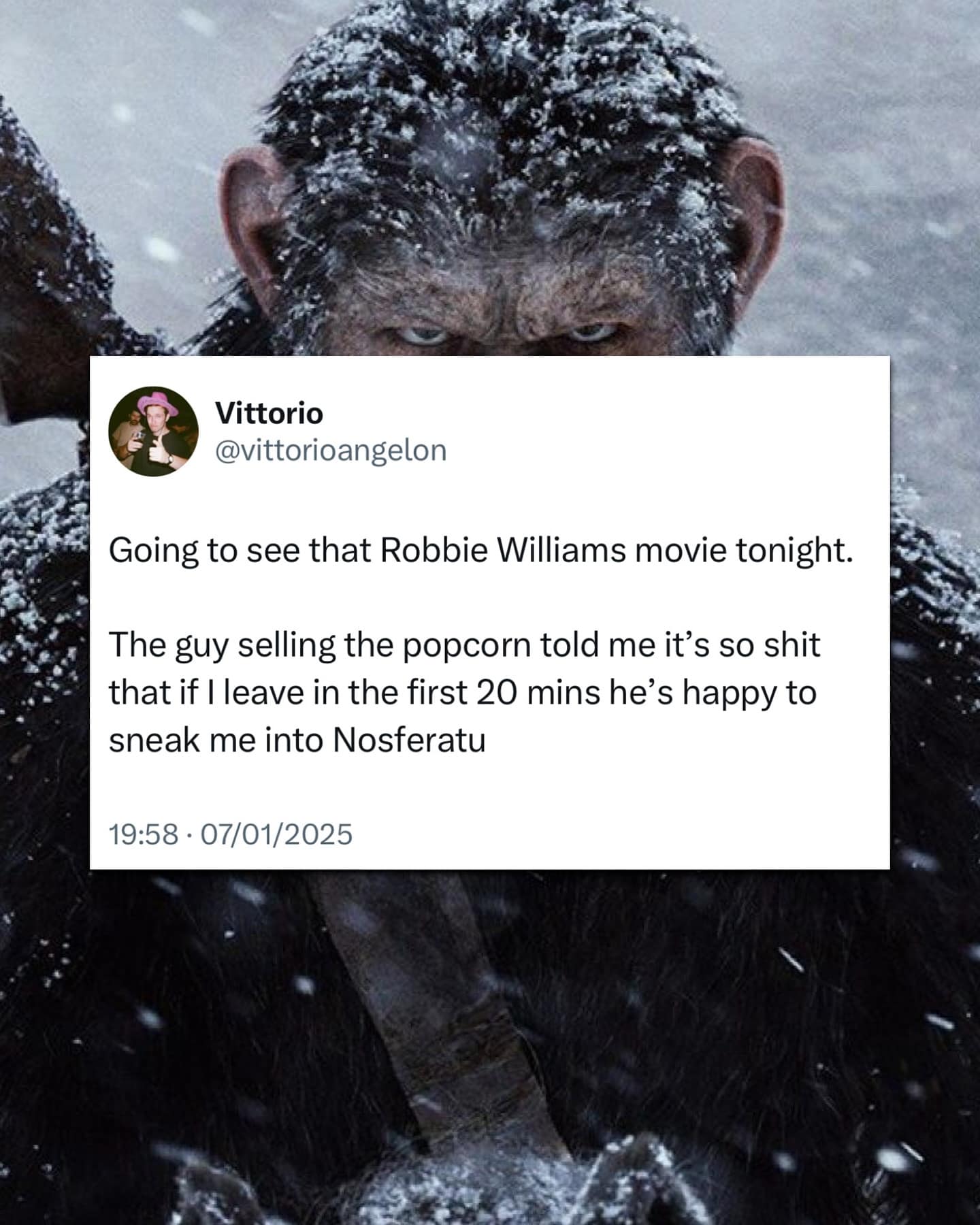 Vittorio @vittorioangelon Going to see that Robbie Williams movie tonight. The guy selling the popcorn told me it's so shit that if I leave in the first 20 mins he's happy to sneak me into Nosferatu 19:58 • 07/01/2025