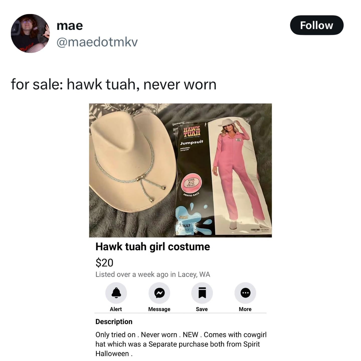 mae @maedotmkv Follow for sale: hawk tuah, never worn Jumpsuit PRINTED BACK SIREST IOULT 2GE 12 Hawk tuah girl costume $20 Listed over a week ago in Lacey, WA Alert Message Save More Description Only tried on. Never worn . NEW . Comes with cowgirl hat which was a Separate purchase both from Spirit Halloween .