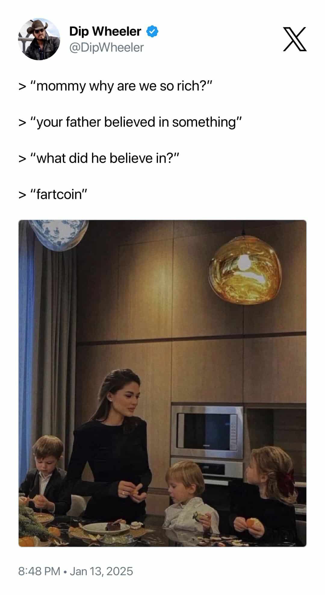 Dip Wheeler @DipWheeler > "mommy why are we so rich?" > "your father believed in something" > "what did he believe in?" > "fartcoin" X 8:48 PM • Jan 13, 2025