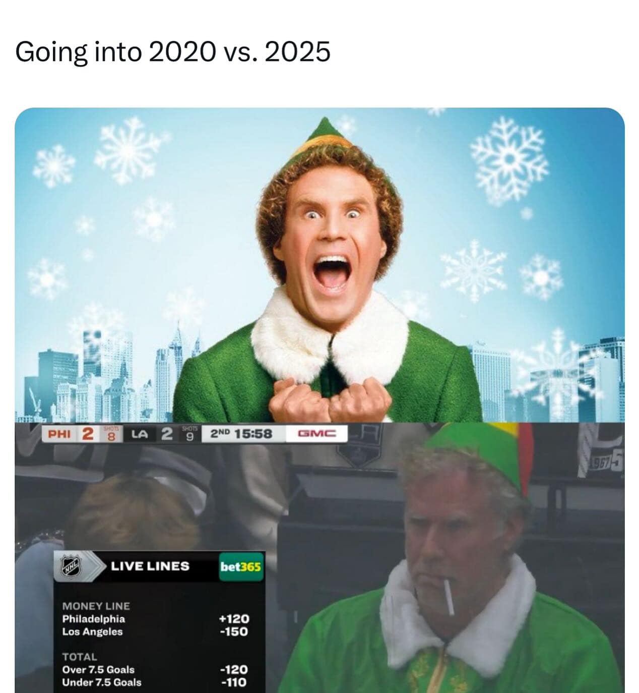 Going into 2020 vs. 2025 PHI 2 8 LA 2 9 2ND 15:58 GMC LIVE LINES bet365 MONEY LINE Philadelphia +120 Los Angeles -150 TOTAL Over 7.5 Goals -120 Under 7.5 Goals -110 9515