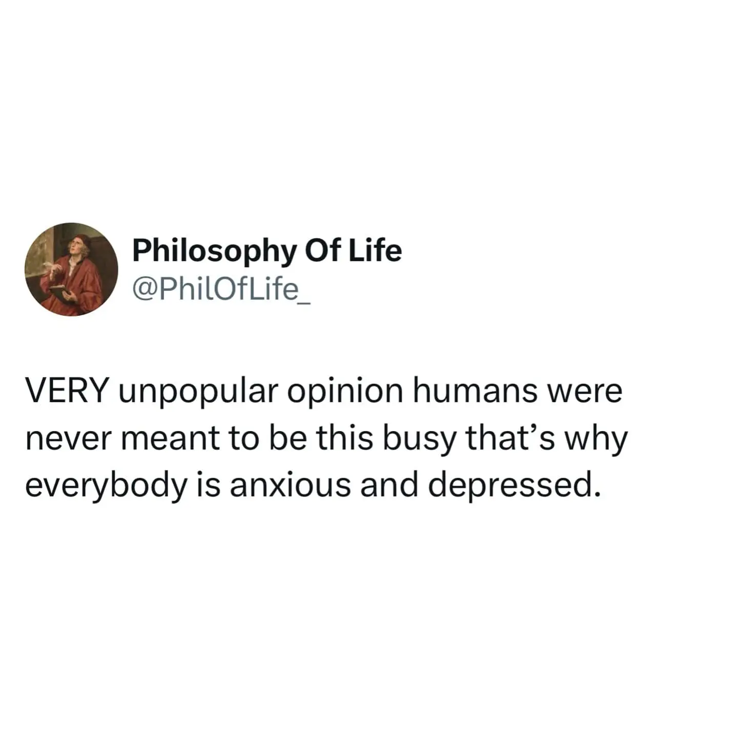 Philosophy Of Life @PhilOfLife_ VERY unpopular opinion humans were never meant to be this busy that's why everybody is anxious and depressed.