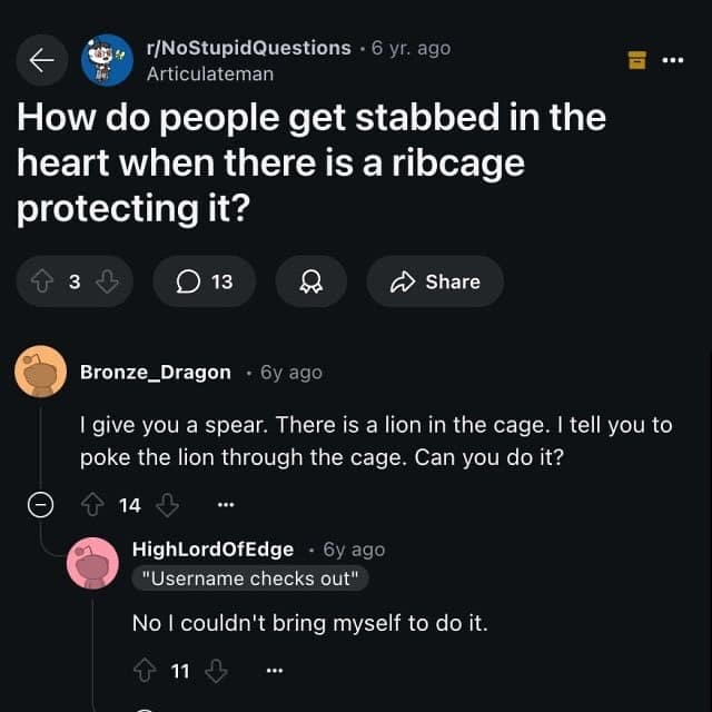 г/NoStupidQuestions • 6 yr. ago Articulateman How do people get stabbed in the heart when there is a ribcage protecting it? ... 3 • 13 @ Share Bronze_Dragon 6y ago I give you a spear. There is a lion in the cage. I tell you to poke the lion through the cage. Can you do it? 令 14 HighLordOfEdge • 6y ago "Username checks out" No I couldn't bring myself to do it. 11 •*•