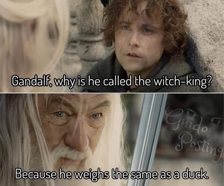 Gandalf, why is he called the witch-king? Guido Posting Because he weighs the same as a duck.
