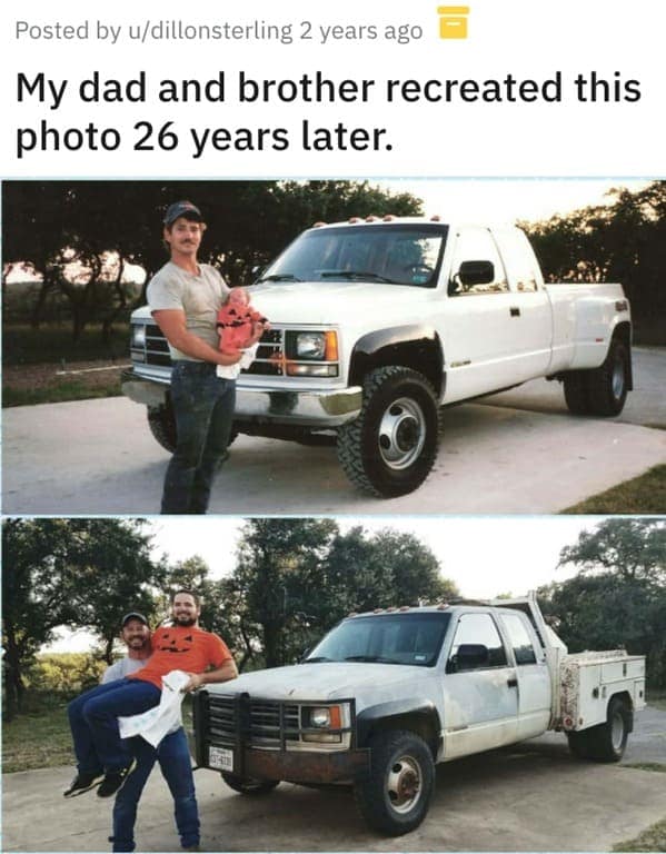 My dad and brother recreated this photo 26 years later.