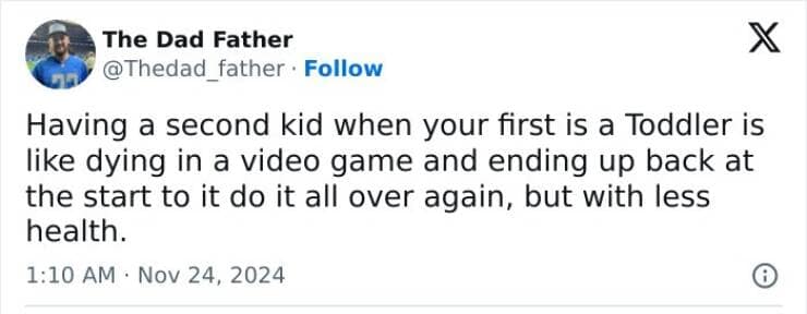 Having a second kid when your first is a Toddler is like dying in a video game and ending up back at the start to it do it all over again, but with less health.