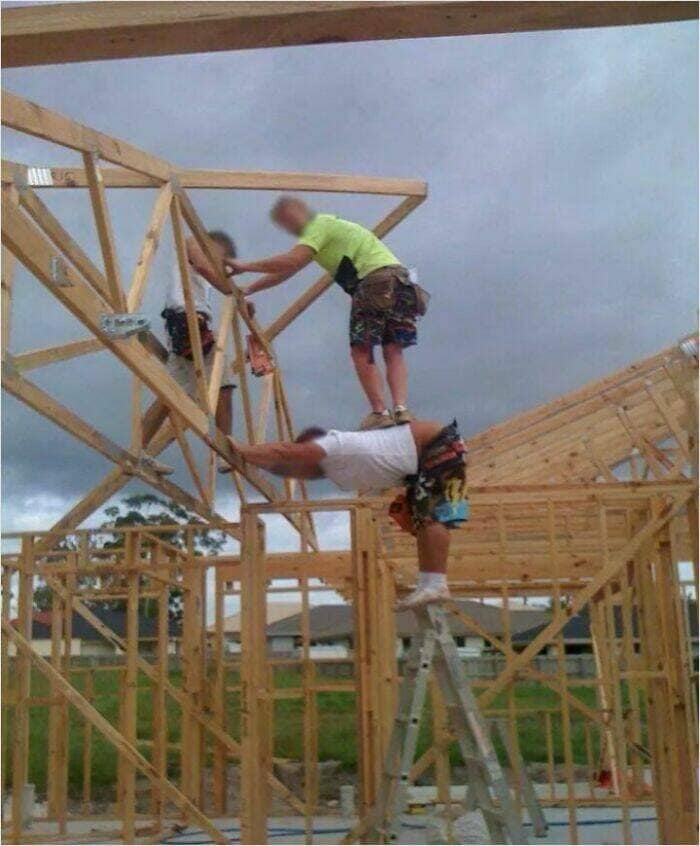 safety third, disregard for safety, safety optional, near-miss antics, workplace safety jobsite caution, work hazard tips, safety rules sarcasm