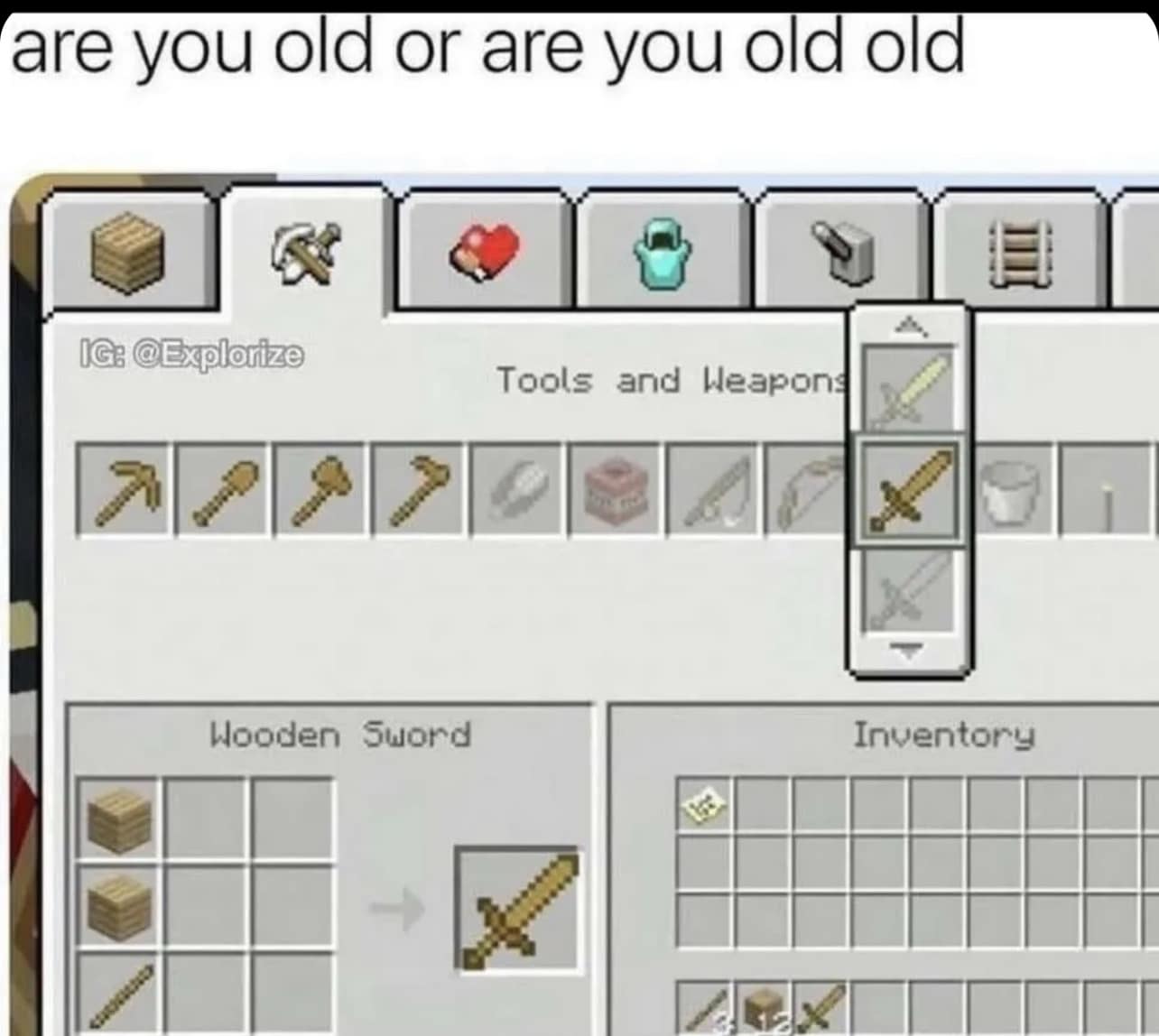 are you old or are you old old [G @Explorize Tools and Weapon Wooden Sword Inventory