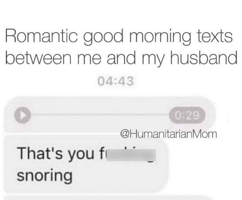 Romantic good morning texts between me and my husband 04:43 0:29 @HumanitarianMom That's you fi snoring