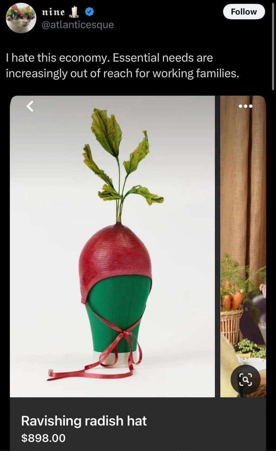 nine I O @atlanticesque I hate this economy. Essential needs are increasingly out of reach for working families. Follow Ravishing radish hat $898.00