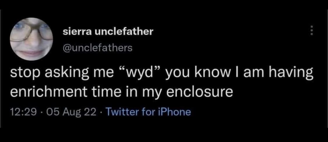 sierra unclefather @unclefathers stop asking me "wyd" you know I am having enrichment time in my enclosure 12:29 - 05 Aug 22 • Twitter for iPhone