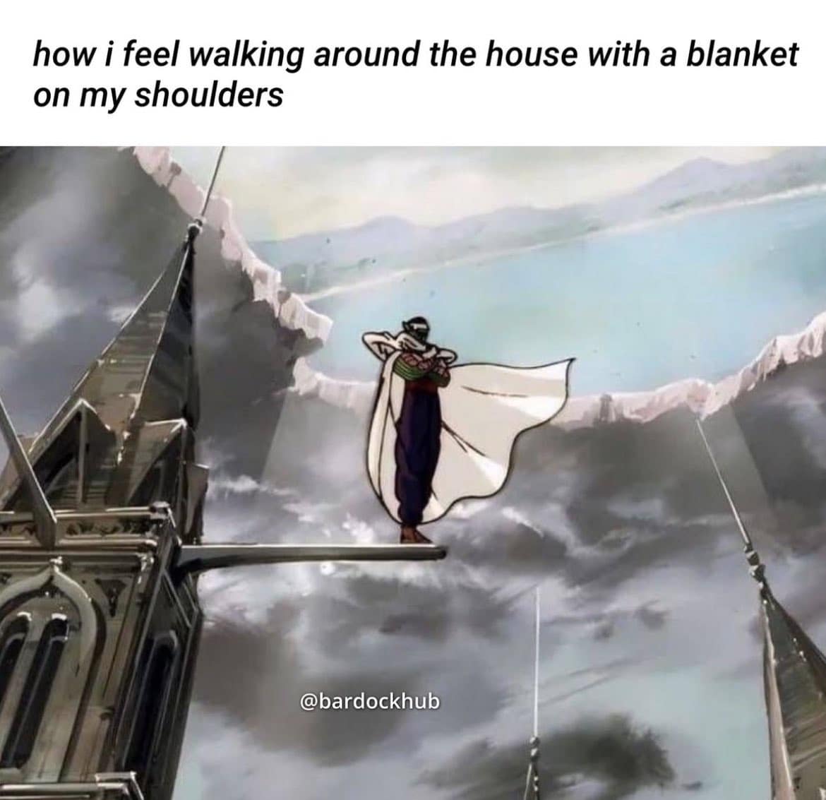 how i feel walking around the house with a blanket on my shoulders @bardockhub