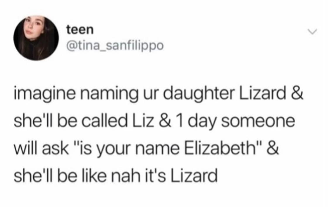 teen @tina_sanfilippo imagine naming ur daughter Lizard & she'll be called Liz & 1 day someone will ask "is your name Elizabeth" & she'll be like nah it's Lizard