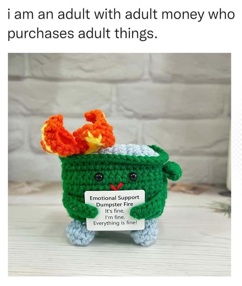 i am an adult with adult money who purchases adult things. Emotional Support Dumpster Fire It's fine, I'm fine. Everything is fine!