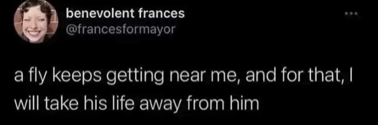 benevolent frances @francesformayor a fly keeps getting near me, and for that, I will take his life away from him