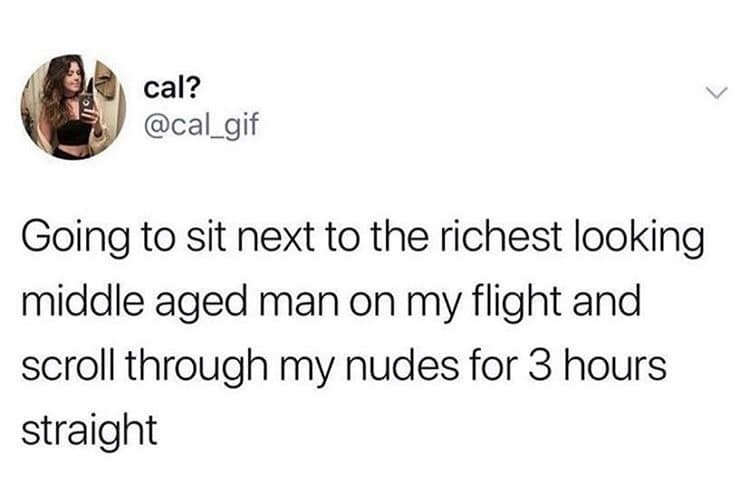 cal? @cal_gif Going to sit next to the richest looking middle aged man on my flight and scroll through my nudes for 3 hours straight