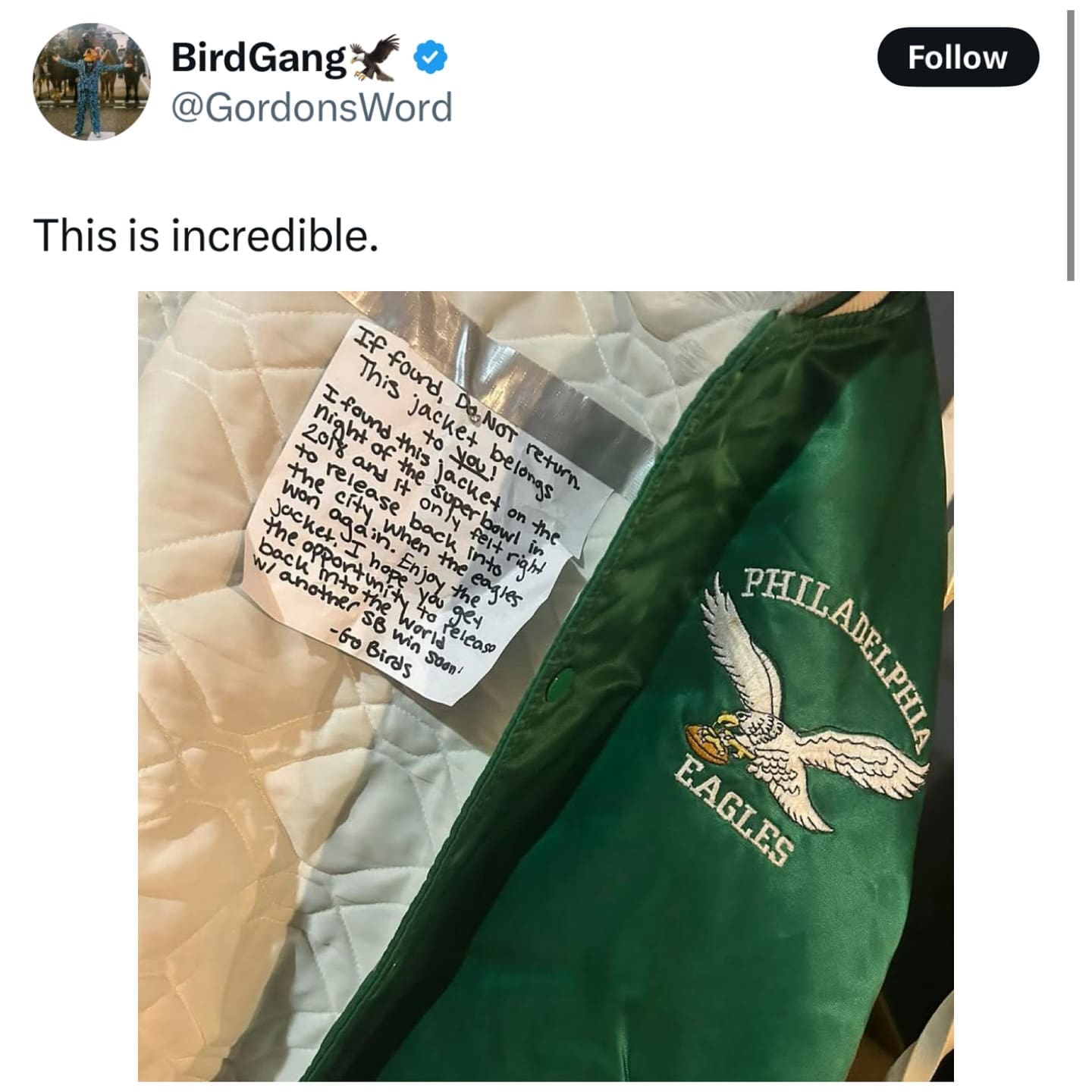 This is incredible. If found, Do NoT return. This jacket belongs to you! I found this jachet on the. Philadelphia eagles.