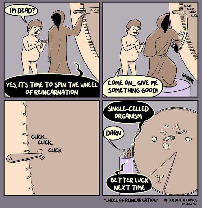 dark humor comics, after death comics, funny web comics, grim panels, eerie illustrations, spooky jokes, grim cartoons, spooky doodles, haunting drawings, ghostly lines, twisted humor, dark comedic style, ominous wisecracks, shadowy quips, morbid jokes, taboo laughs, gloomy punchlines, macabre banter