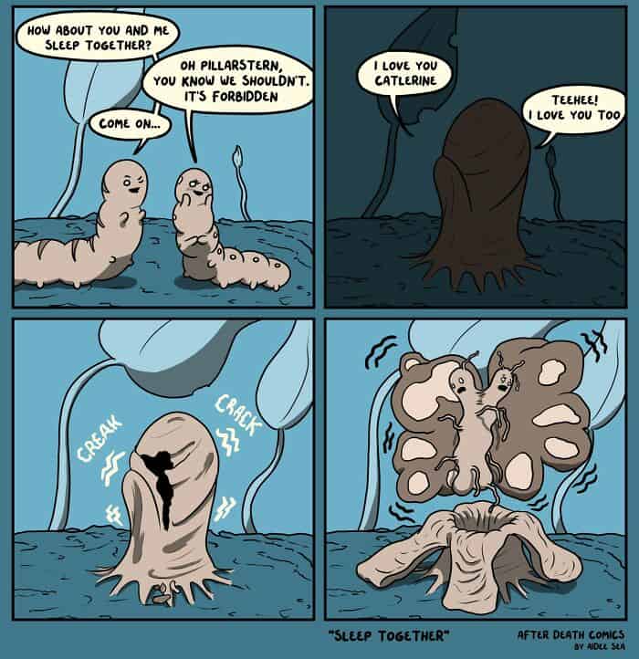 dark humor comics, after death comics, funny web comics, grim panels, eerie illustrations, spooky jokes, grim cartoons, spooky doodles, haunting drawings, ghostly lines, twisted humor, dark comedic style, ominous wisecracks, shadowy quips, morbid jokes, taboo laughs, gloomy punchlines, macabre banter