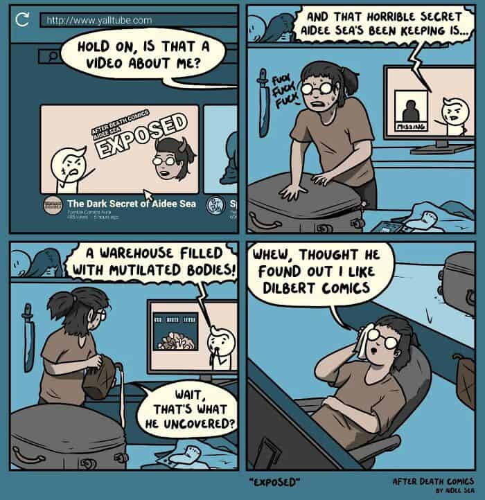 dark humor comics, after death comics, funny web comics, grim panels, eerie illustrations, spooky jokes, grim cartoons, spooky doodles, haunting drawings, ghostly lines, twisted humor, dark comedic style, ominous wisecracks, shadowy quips, morbid jokes, taboo laughs, gloomy punchlines, macabre banter