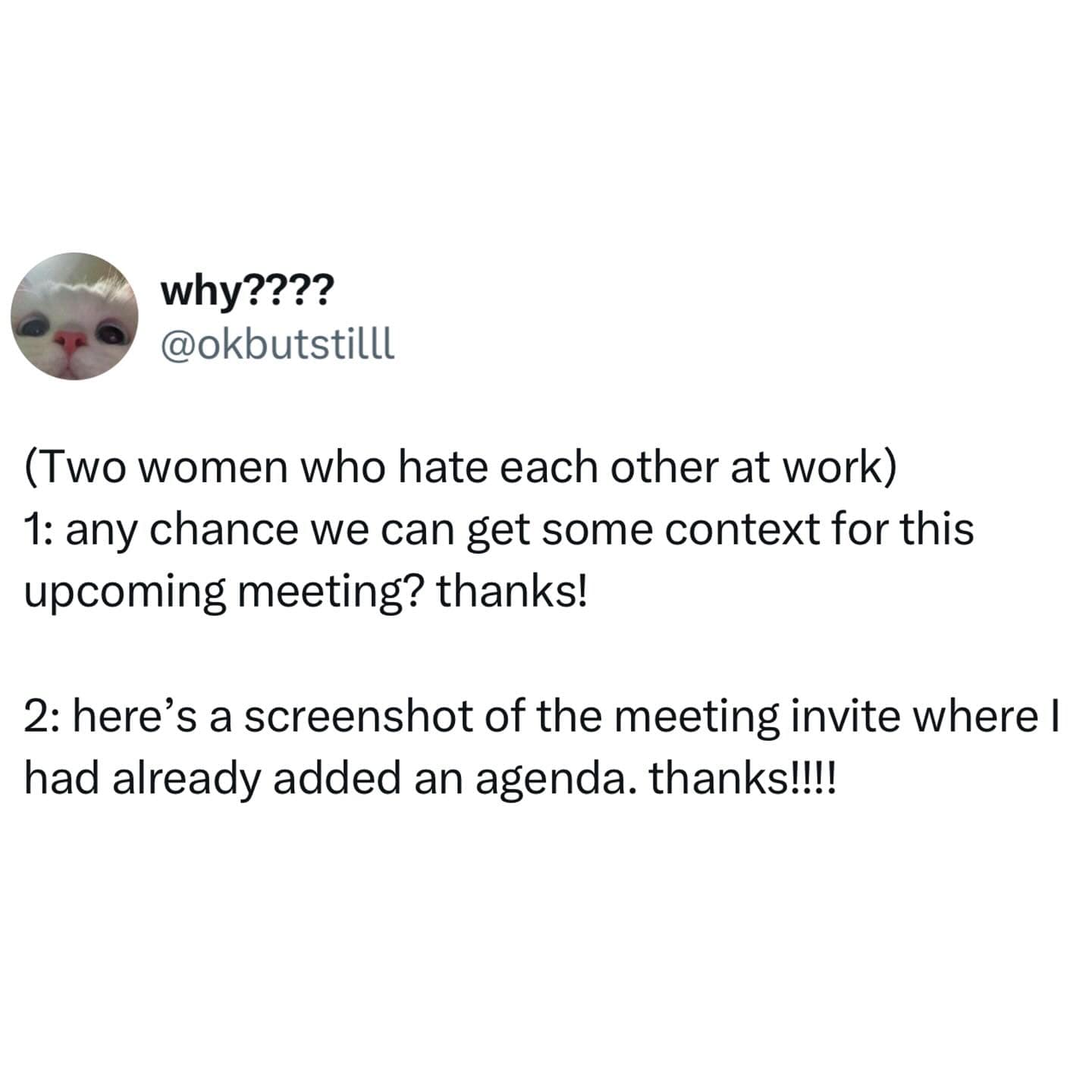 (Two women who hate each other at work) 1: any chance we can get some context for this upcoming meeting? thanks! 2: here's a screenshot of the meeting invite where I had already added an agenda. thanks!!!!