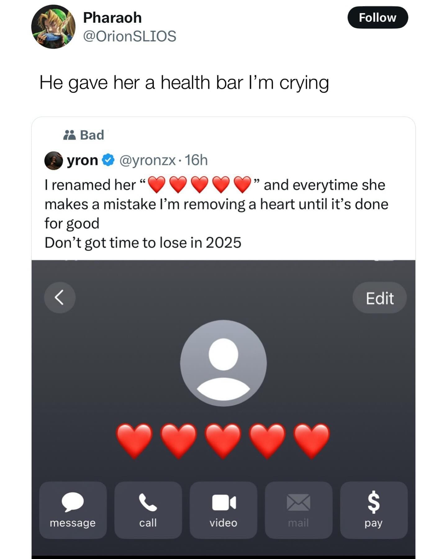 renamed her " " and everytime she makes a mistake I'm removing a heart until it's done for good Don't got time to lose in 2025