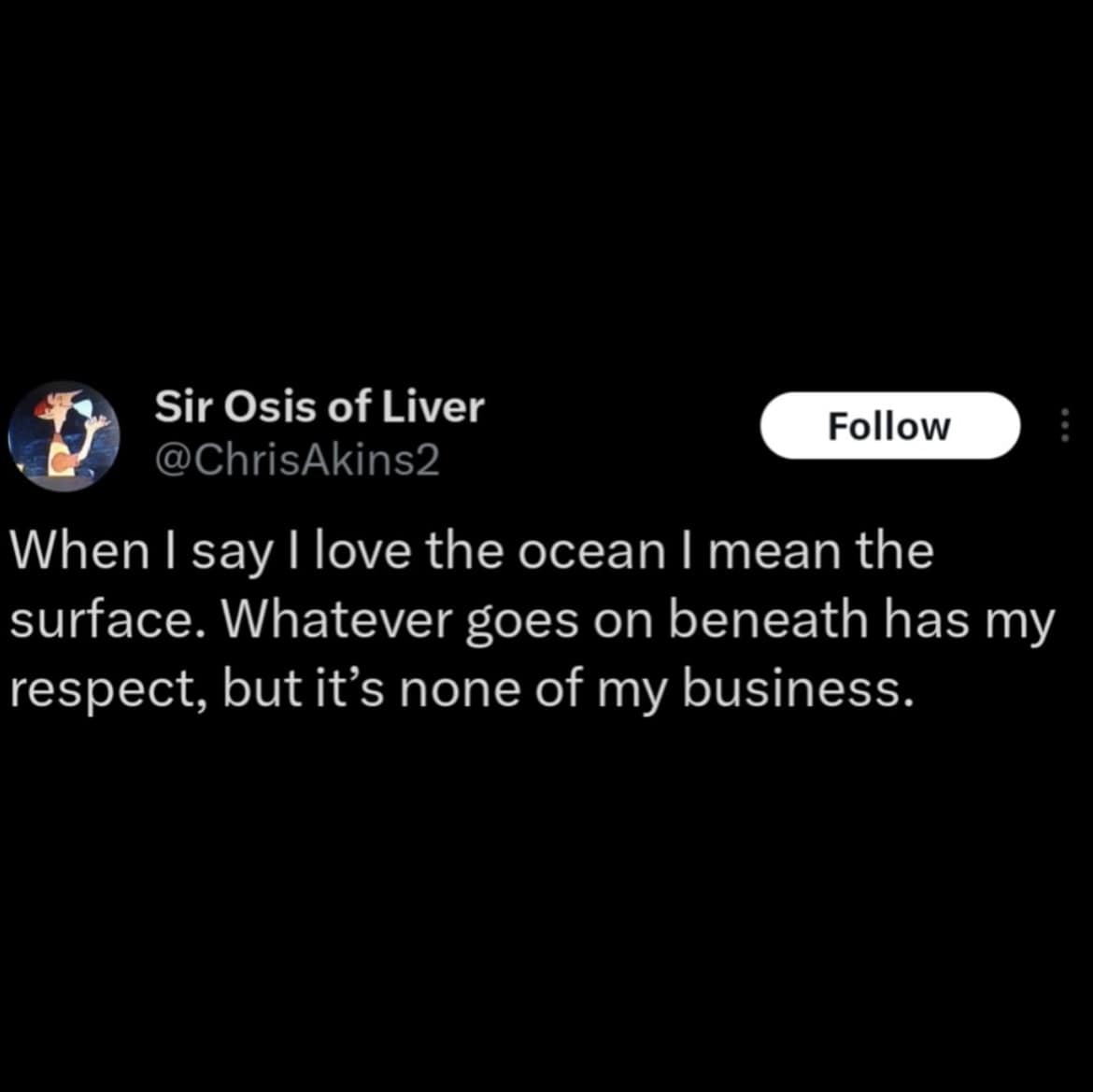 When I say I love the ocean I mean the surface. Whatever goes on beneath has my respect, but it's none of my business.