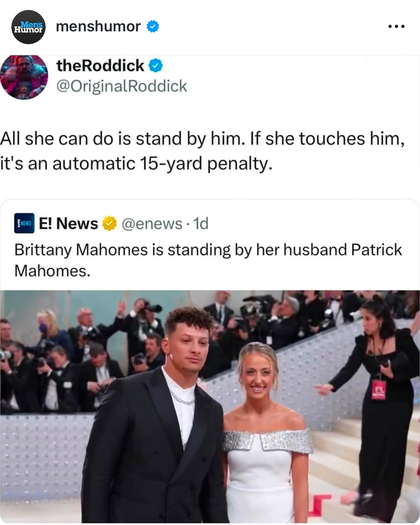 All she can do is stand by him. If she touches him, it's an automatic 15-yard penalty.