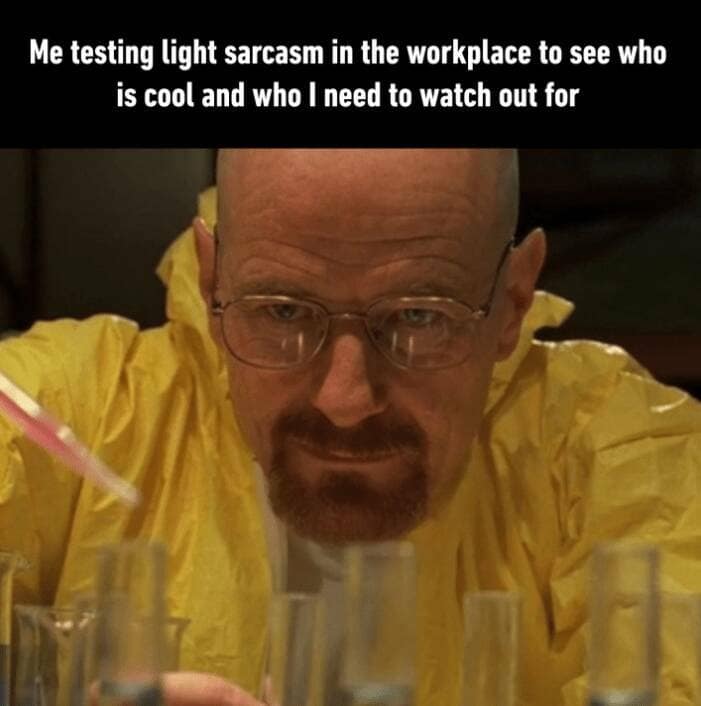 Me testing light sarcasm in the workplace to see who is cool and who I need to watch out for