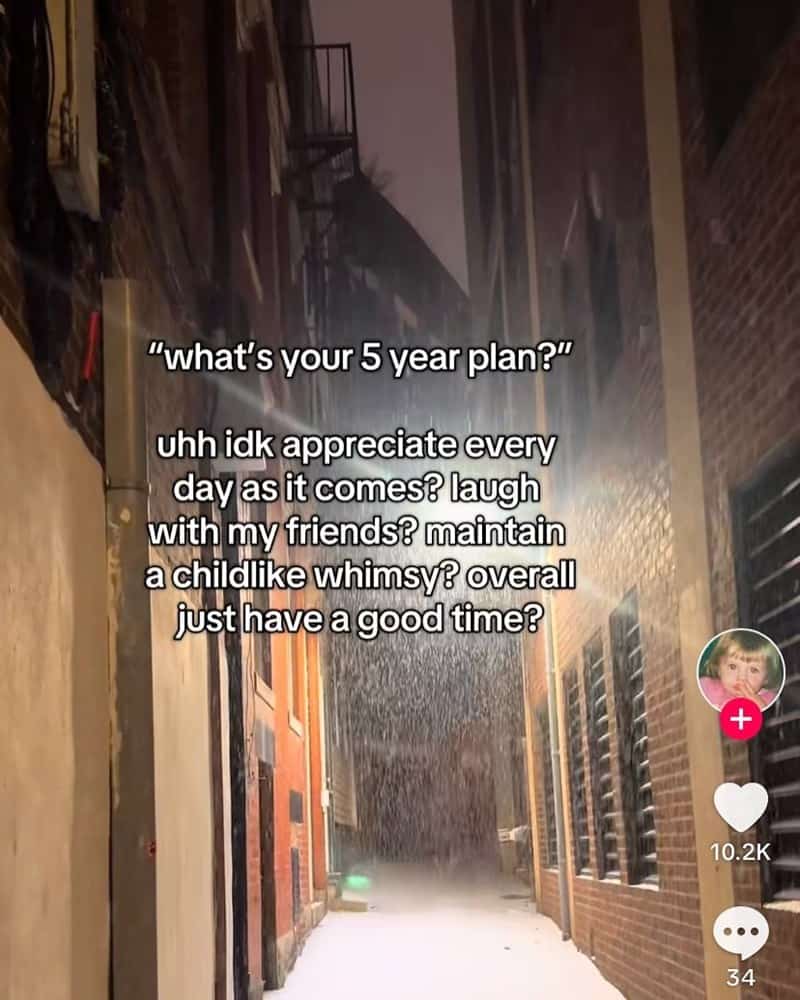 "what's your 5 year plan?" uhh idk appreciate every day as it comes? laugh with my friends? maintain a childlike whimsy? overall just have a good time?