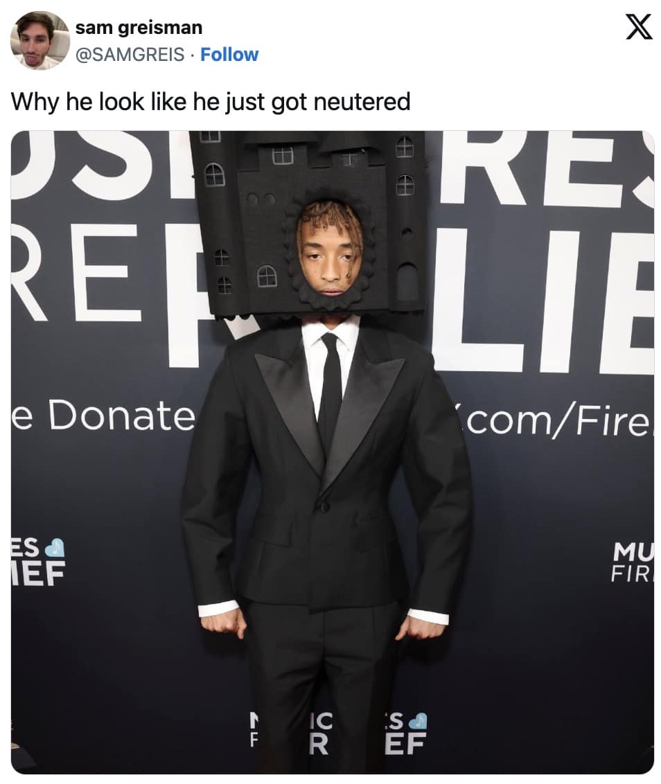jaden smith castle hat memes, jaden smith memes, star’s bizarre headgear jokes, baffling red carpet comedic references, extravagant topper humor, celebrity memes, star-based comedic lines, personality meltdown laughter, Grammy outfit, awards show style comedic bits, formal event fashion spoofs, style meltdown jokes, bizarre garment comedic commentary