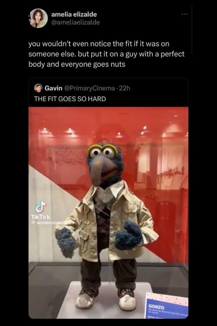 amelia elizalde @ameliaelizalde you wouldn't even notice the fit if it was on someone else. but put it on a guy with a perfect body and everyone goes nuts Gavin @PrimaryCinema • 22h THE FIT GOES SO HARD TikTok GONZO