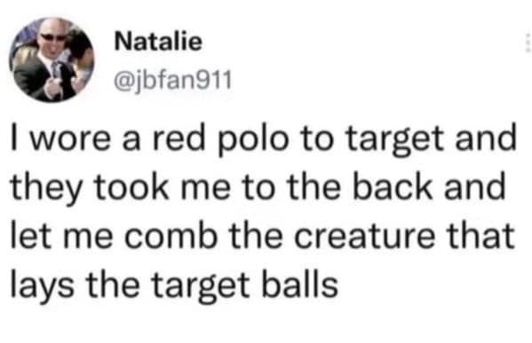 Natalie @ibfan911 I wore a red polo to target and they took me to the back and let me comb the creature that lays the target balls