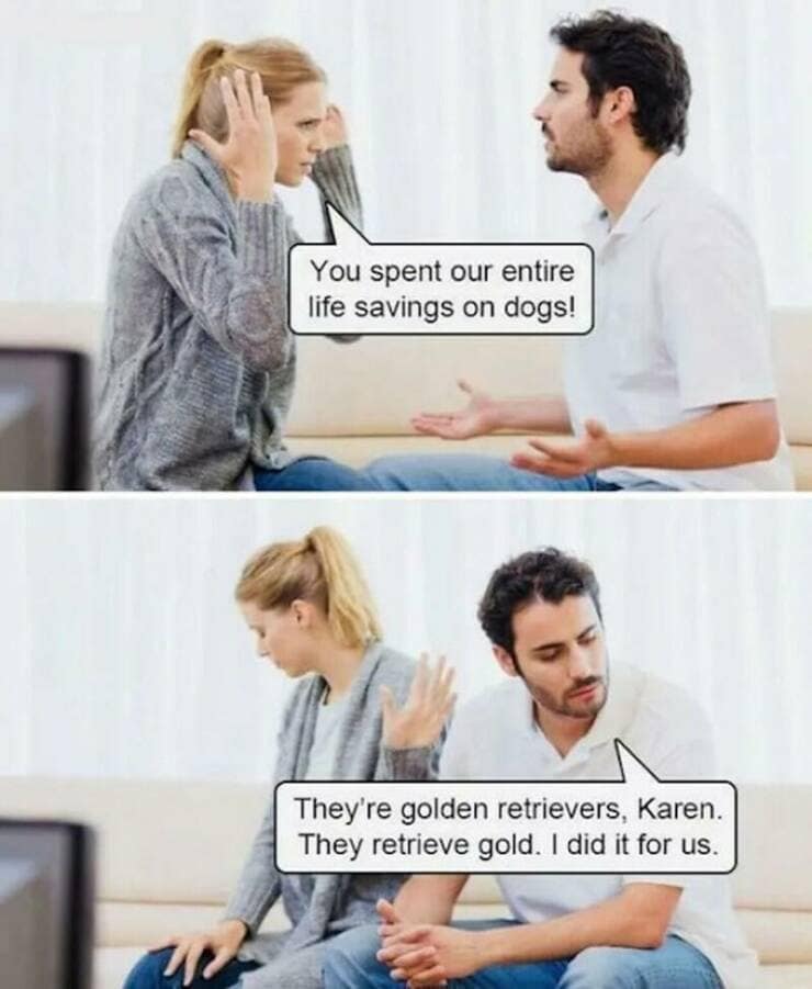 You spent our entire life savings on dogs! They're golden retrievers, Karen. They retrieve gold. I did it for us.