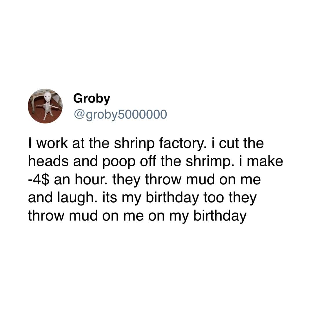 work at the shrinp factory. i cut the heads and poop off the shrimp. i make -4$ an hour. they throw mud on me and laugh. its my birthday too they throw mud on me on my birthday