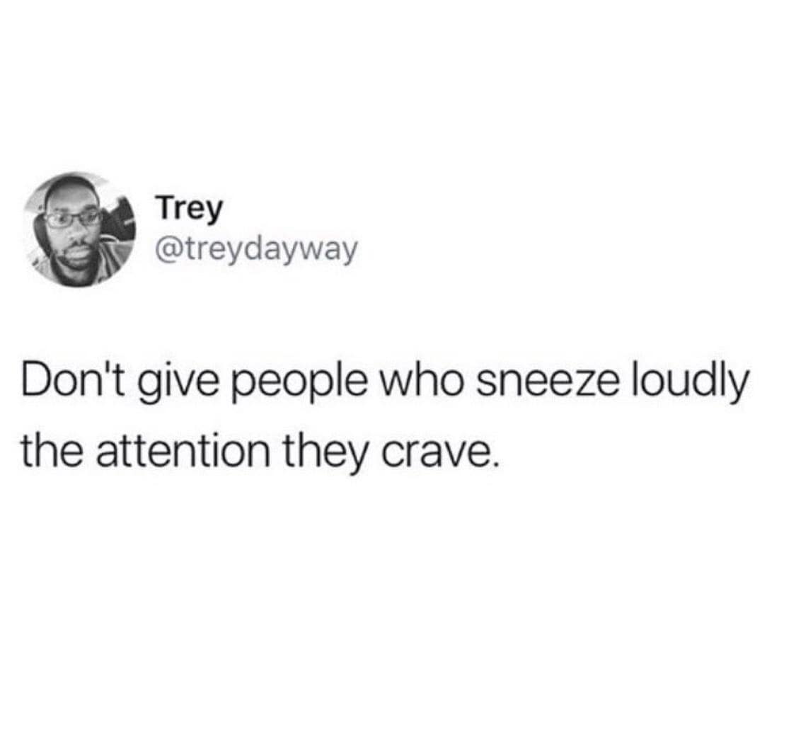 Trey @treydayway Don't give people who sneeze loudly the attention they crave.