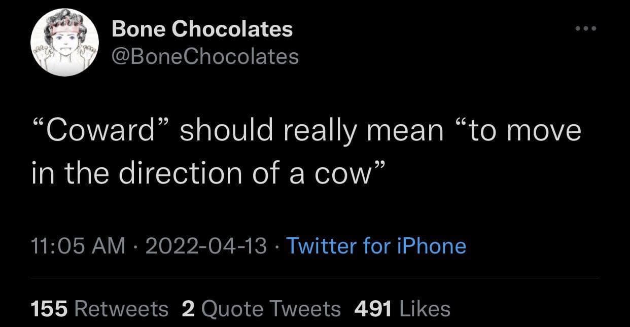 Bone Chocolates @BoneChocolates • • • "Coward" should really mean "to move in the direction of a cow" 11:05 AM • 2022-04-13 • Twitter for iPhone 155 Retweets 2 Quote Tweets 491 Likes