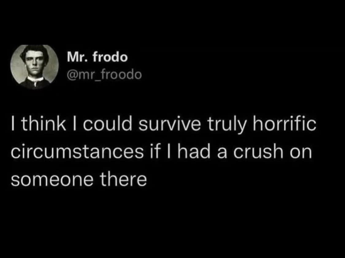Mr. frodo @mr froodo I think I could survive truly horrific circumstances if I had a crush on someone there