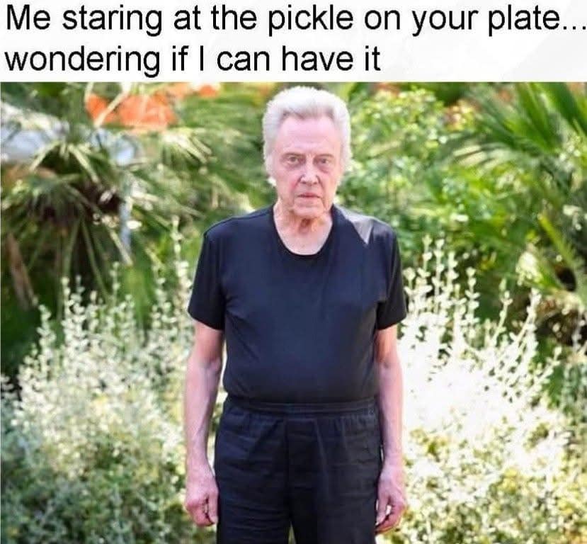 Me staring at the pickle on your plate. wondering if I can have it