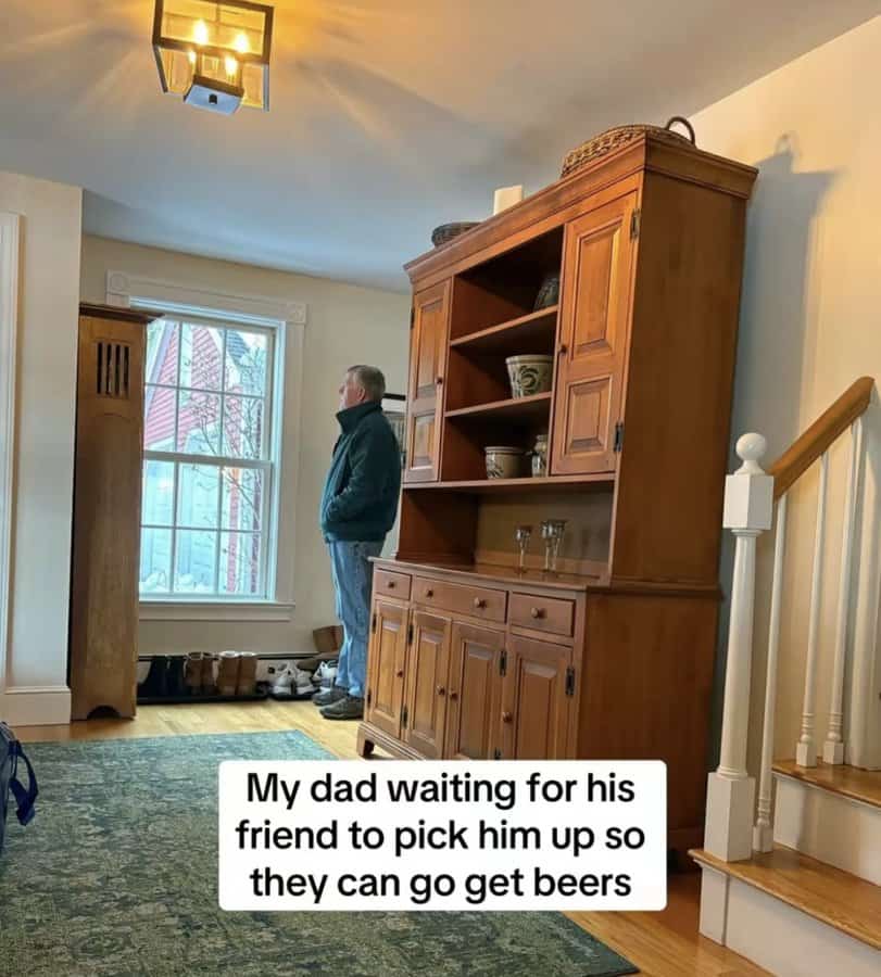 My dad waiting for his friend to pick him up so they can go get beers