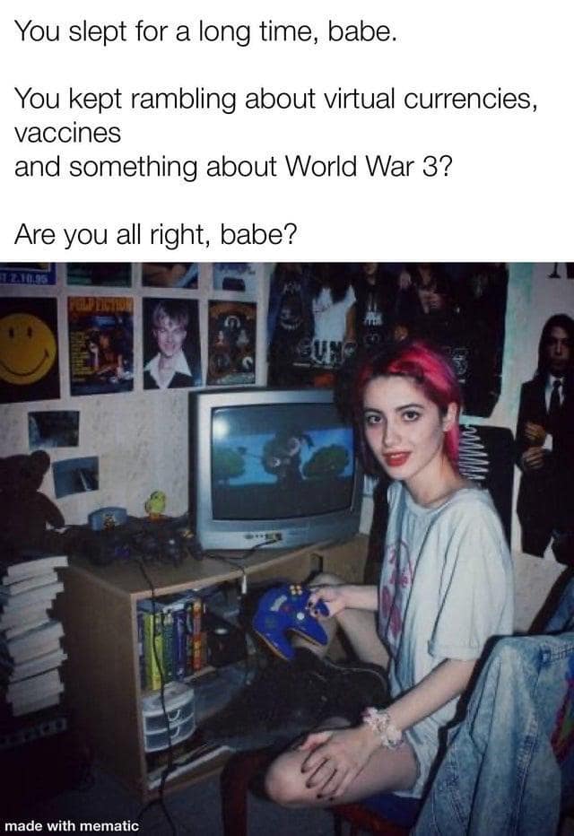 You slept for a long time, babe. You kept rambling about virtual currencies, vaccines and something about World War 3? Are you all right, babe?