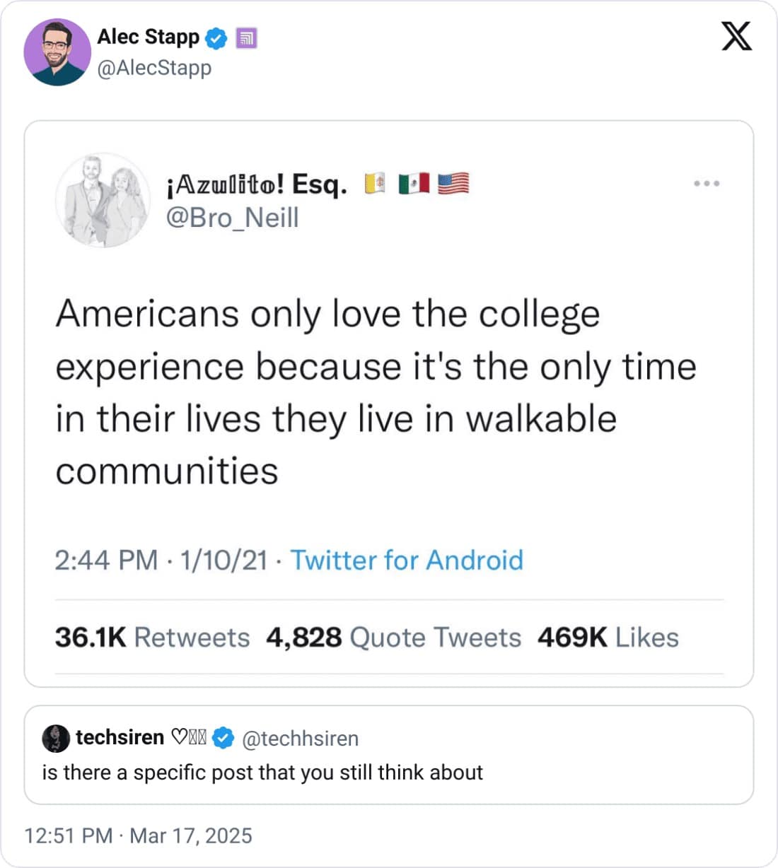 Americans only love the college experience because it's the only time in their lives they live in walkable communities