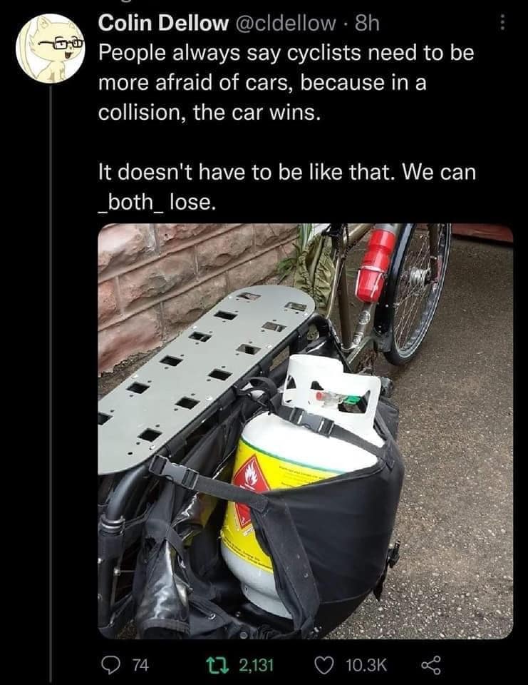 People always say cyclists need to be more afraid of cars, because in a collision, the car wins. It doesn't have to be like that. We can