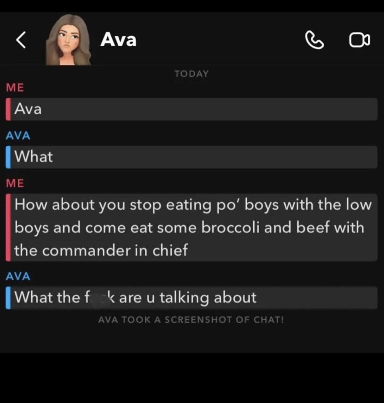 How about you stop eating po' boys with the low boys and come eat some broccoli and beef with the commander in chief