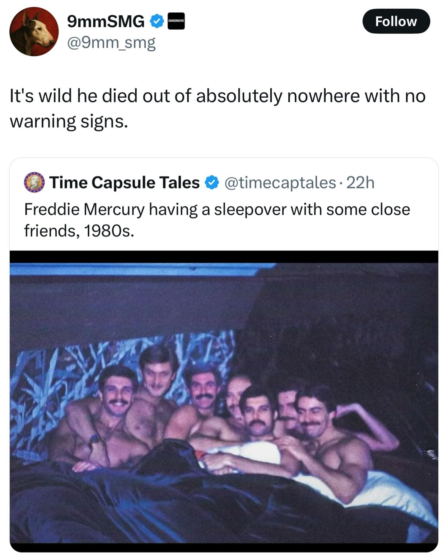 Freddie Mercury having a sleepover with some close friends, 1980s.