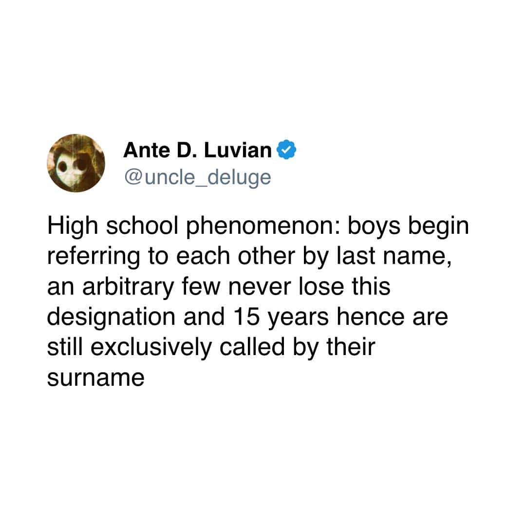 High school phenomenon: boys begin referring to each other by last name, an arbitrary few never lose this designation and 15 years hence are still exclusively called by their surname