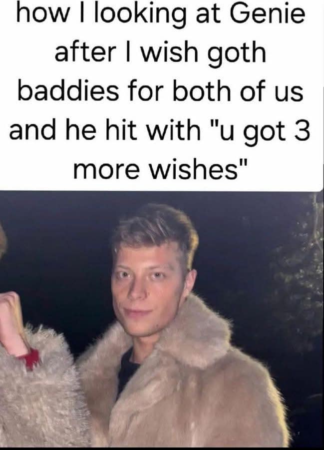 how I looking at Genie after I wish goth baddies for both of us and he hit with "u got 3 more wishes"