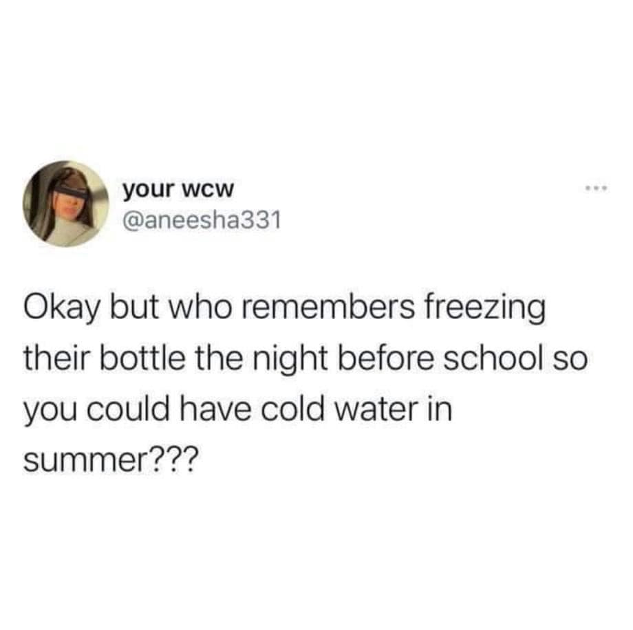 Okay but who remembers freezing their bottle the night before school so you could have cold water in summer???