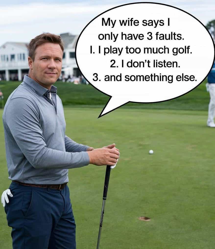 My wife says I only have 3 faults. I. I play too much golf. 2. I don't listen. 3. and something else.